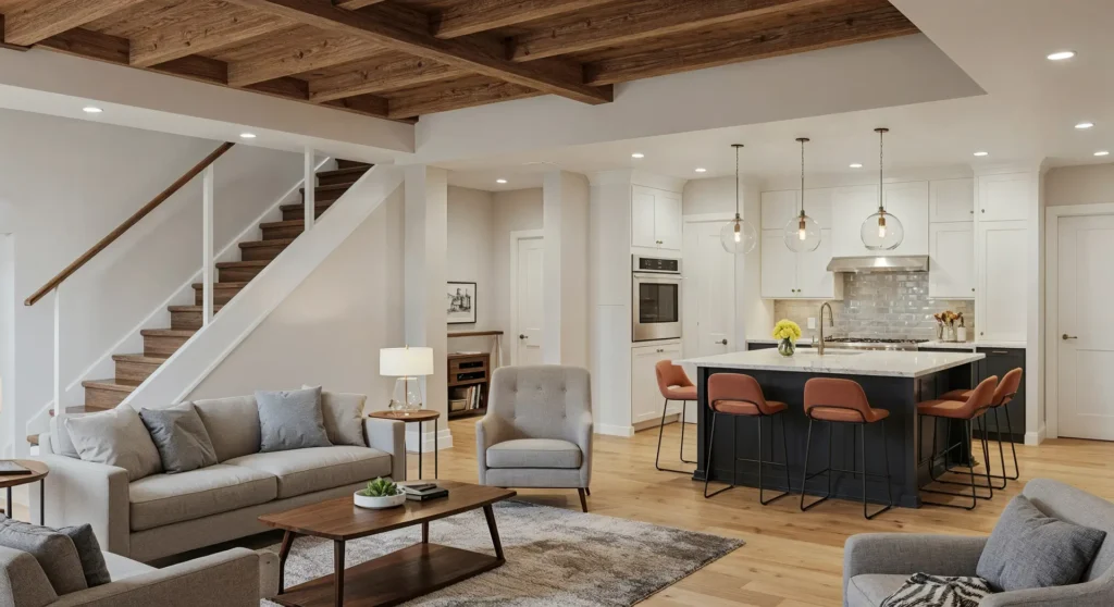 Modern Scandinavian Kitchen and Living Room Interior – 3D Render