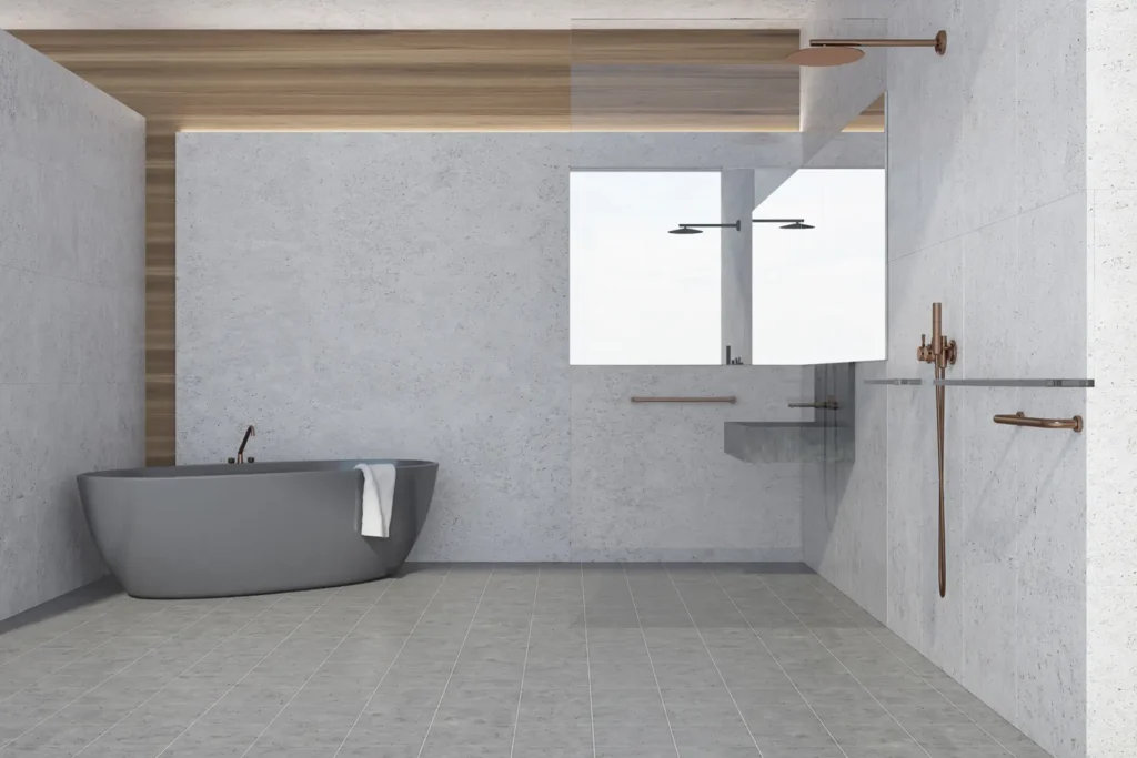 Light gray panoramic bathroom interior idea. A tiled floor, a gray bathtub and a sink. A shower stall. 3d rendering mock up