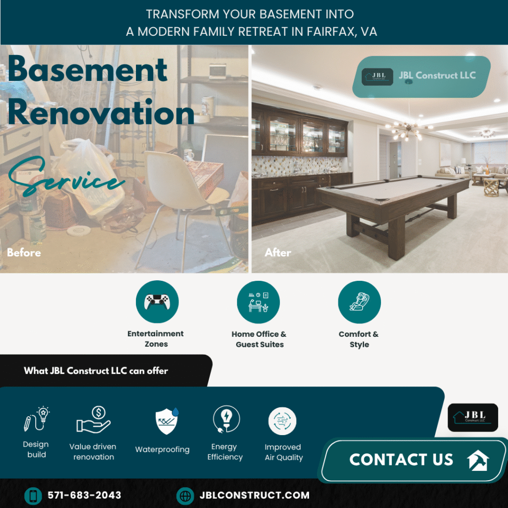 Before-and-after basement renovation in Fairfax VA showing transformation from cluttered storage area to elegant family retreat with game table and recessed lighting.