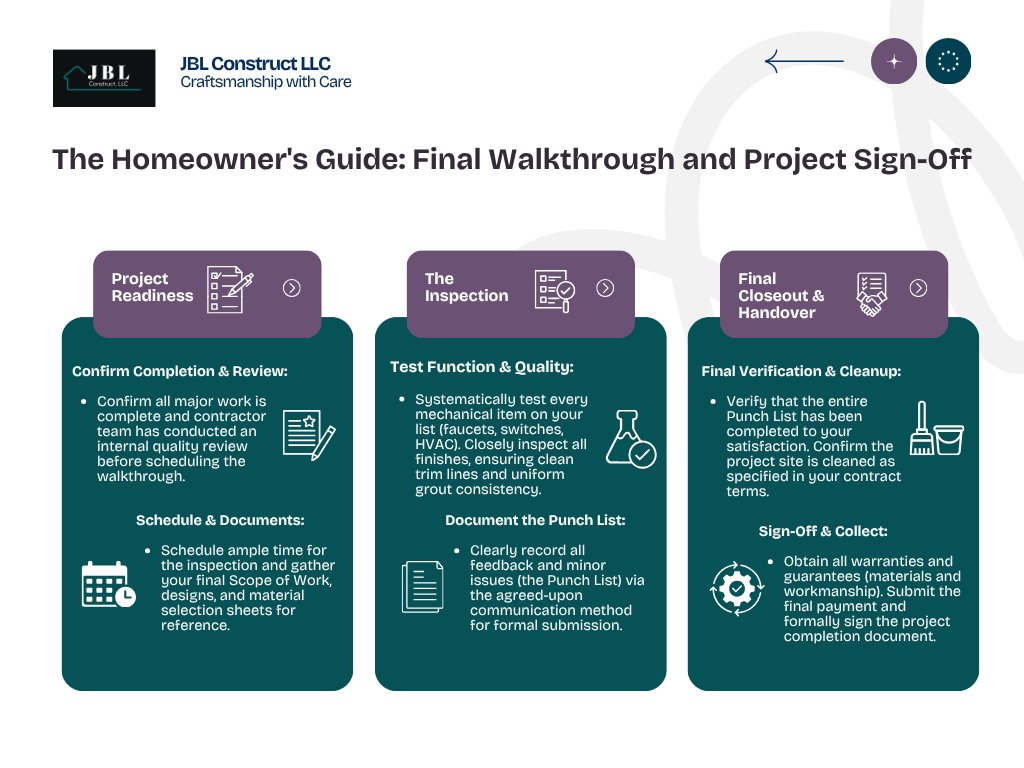 Final walkthrough and project sign-off guide for Northern Virginia homeowners by JBL Construct outlining readiness, inspection, and closeout steps.