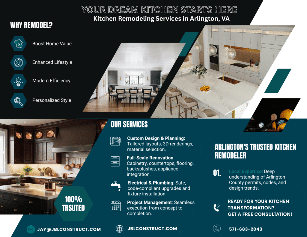 Kitchen remodeling services in Arlington VA by JBL Construct featuring modern and traditional kitchen designs, custom cabinetry, countertops, lighting, and full renovation planning.