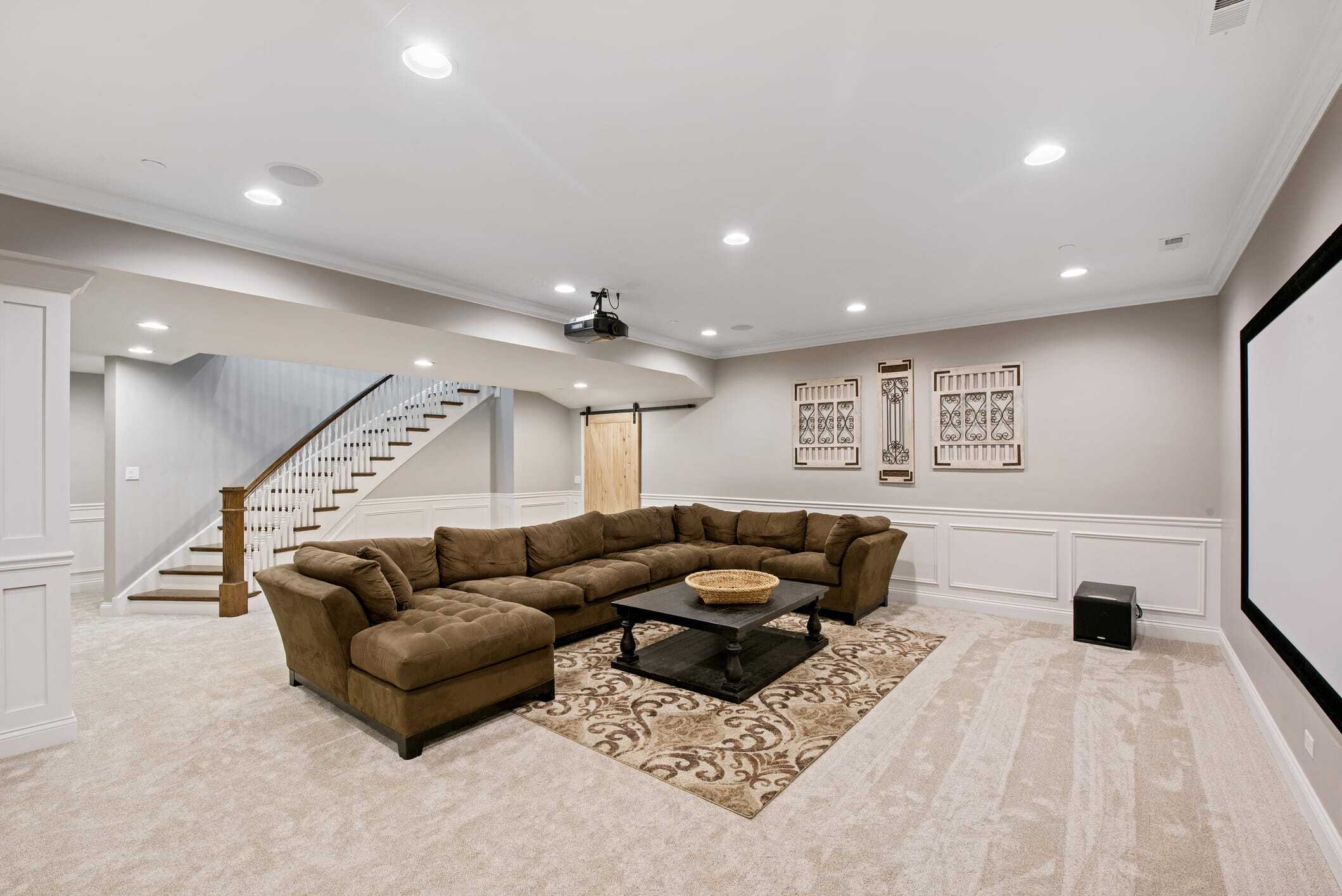 Finished basement living room remodel in a Loudoun County, Virginia home